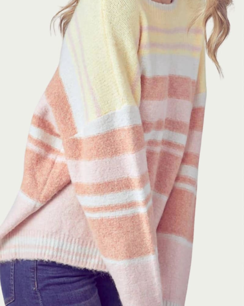 Front of a model wearing a size L Oversized Striped Ribbed-Knit Sweater in Yellow/Terracotta/Pink in Yellow/Terracotta/Pink by Fore. | dia_product_style_image_id:346292